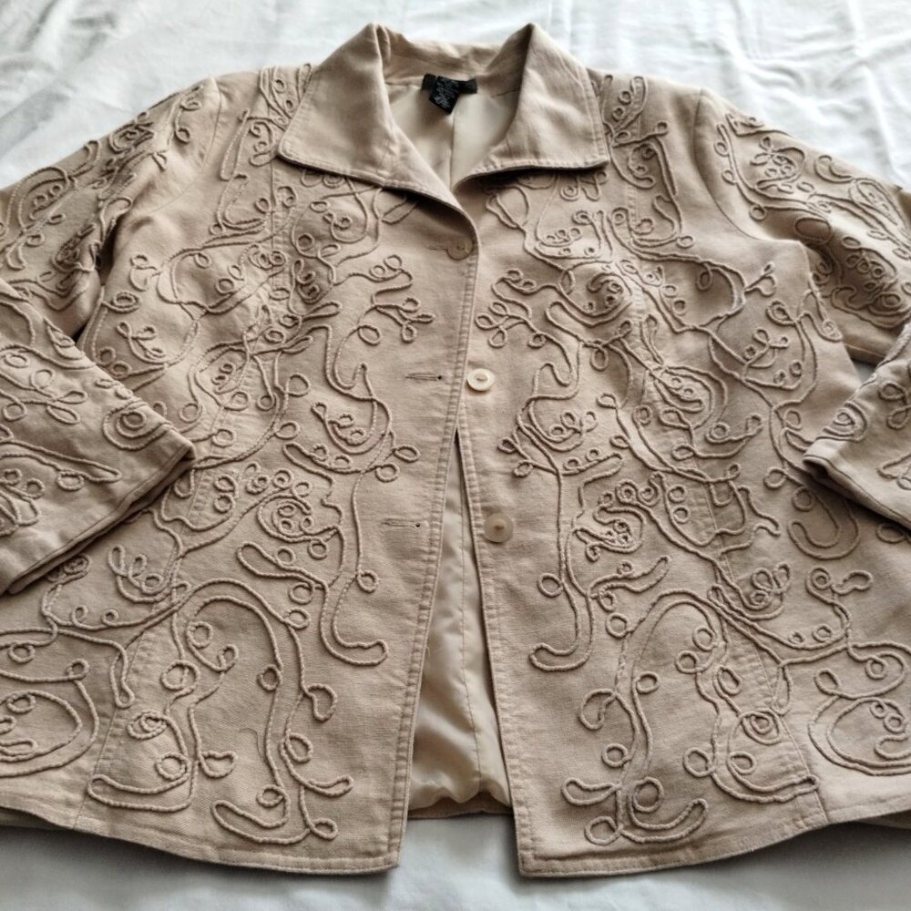 Vintage DIALOGUE Khaki Beige Long Sleeve LINEN Blend EMBELLISHED Coat Sz 1X